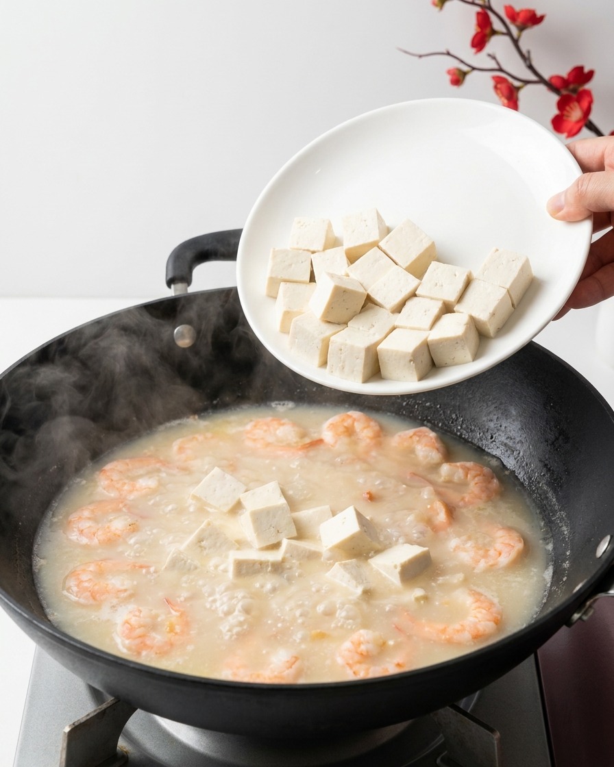 Białe kostki tofu zsuwane z talerza do gotującego się, mlecznego bulionu.