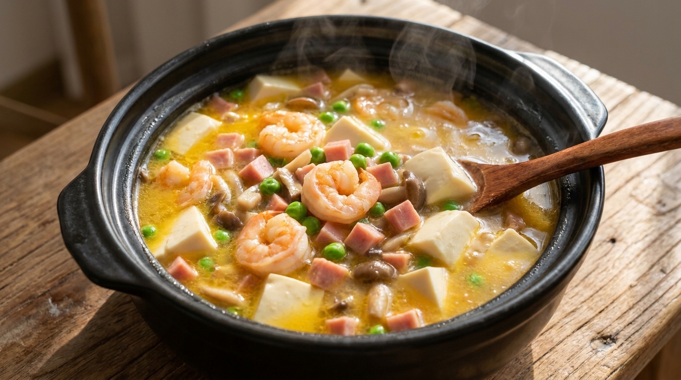 Łyżka złocistej zupy Sanxian Tofu z krewetkami i jedwabistym tofu podana w glinianym garnku.