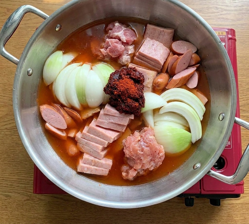 Duży garnek z ułożoną mielonką, parówkami, cebulą i mięsem, zwieńczony porcją czerwonej, pikantnej pasty i zanurzony w jasnym bulionie.