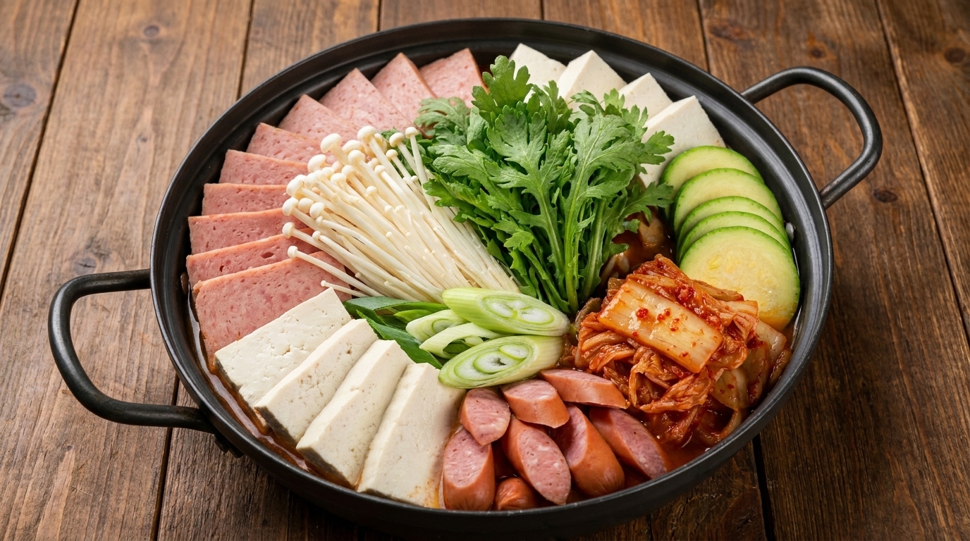 Gotowy do podgrzania, kolorowy kociołek Budae-jjigae, wypełniony po brzegi apetycznymi składnikami.