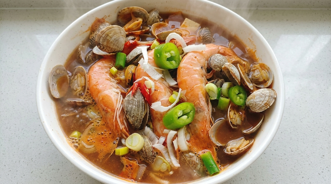 Koreańska zupa z owocami morza i pastą sojową (Haemul Doenjang Jjigae)