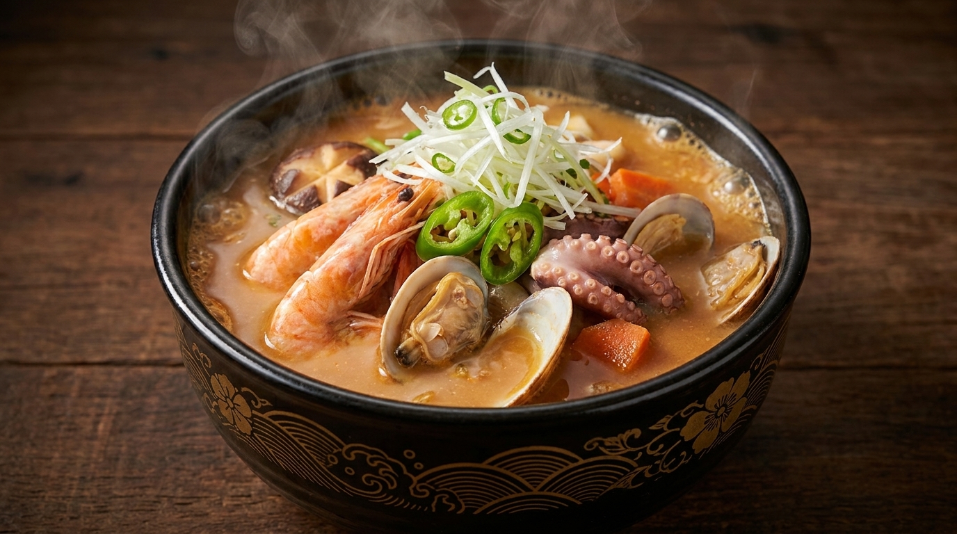 Koreańska zupa z owocami morza i pastą sojową (Haemul Doenjang Jjigae)