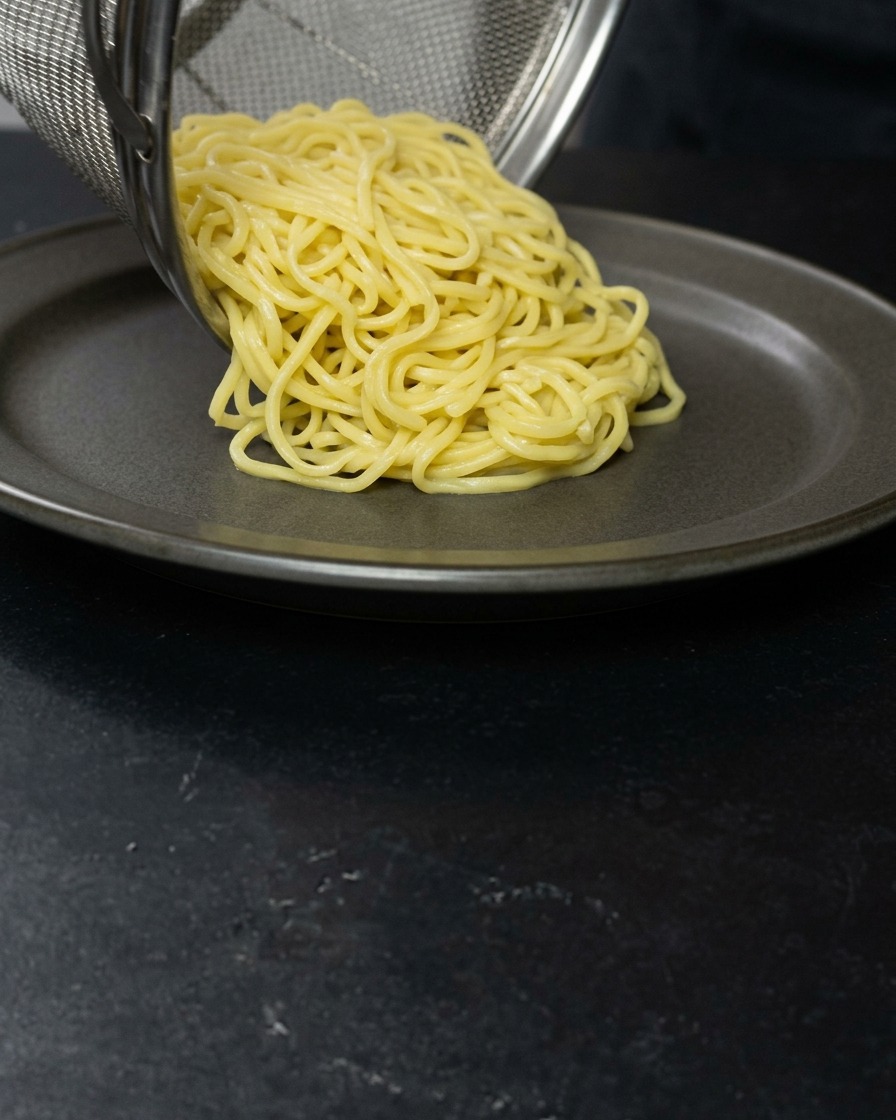 Ugotowany żółty makaron ramen przesypywany z metalowego sitka na ciemnoszary talerz.