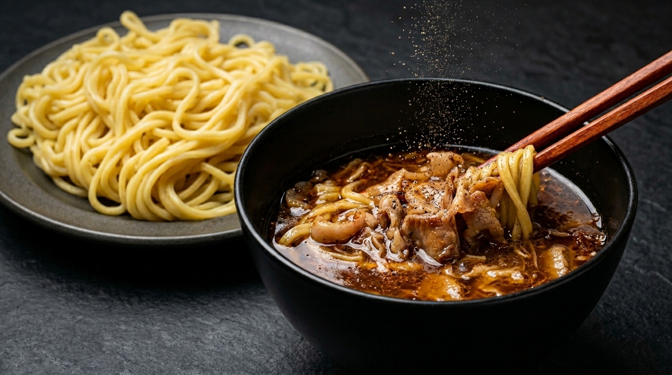 Japoński makaron tsukemen z bogatym bulionem wieprzowo-rybnym