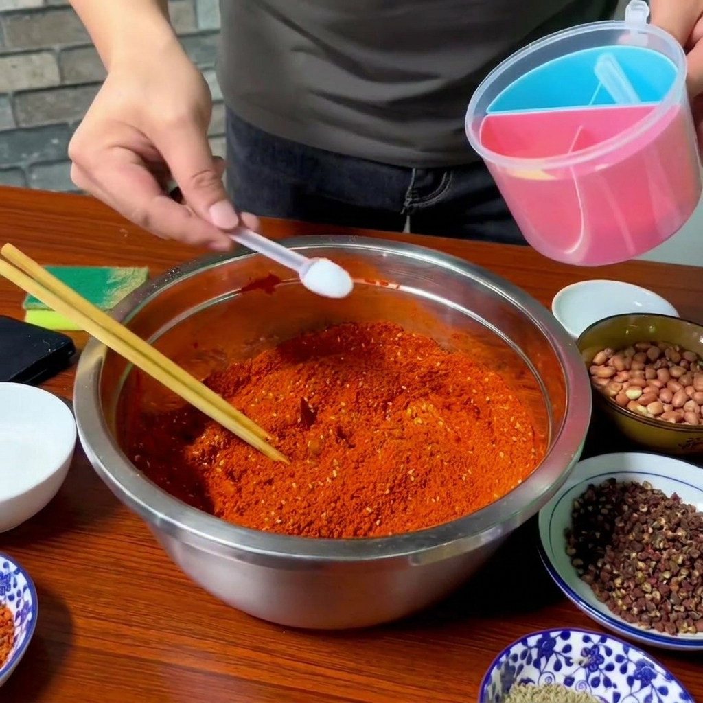 Mała biała łyżeczka dodająca sól do miski z proszkiem chili, w tle widoczny różowy pojemnik na przyprawy.