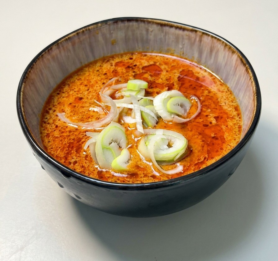 Czarna miseczka z gęstym, pomarańczowym sosem curry udekorowanym posiekaną białą i zieloną dymką.