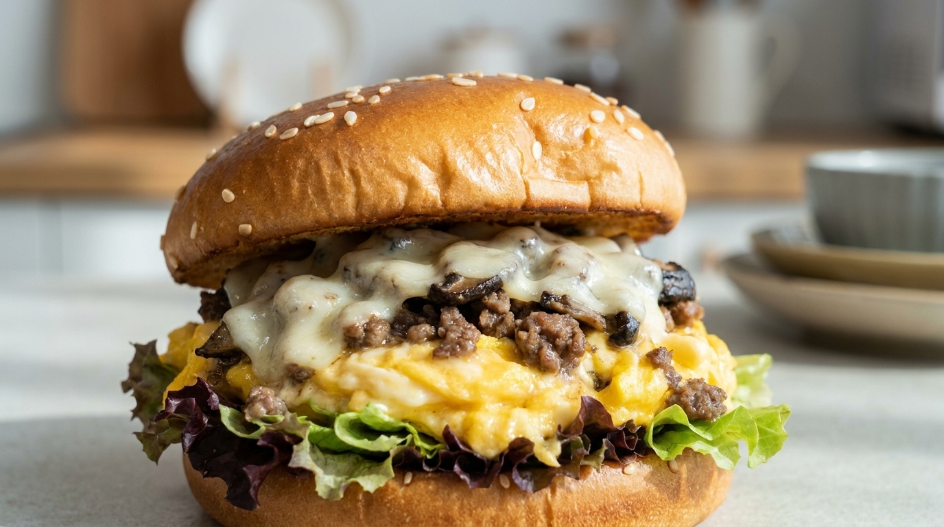 Soczysty burger śniadaniowy z wołowiną, pieczarkami i serem