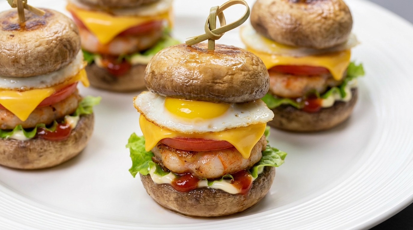 Mini burgery pieczarkowe z krewetkami i jajkiem przepiórczym