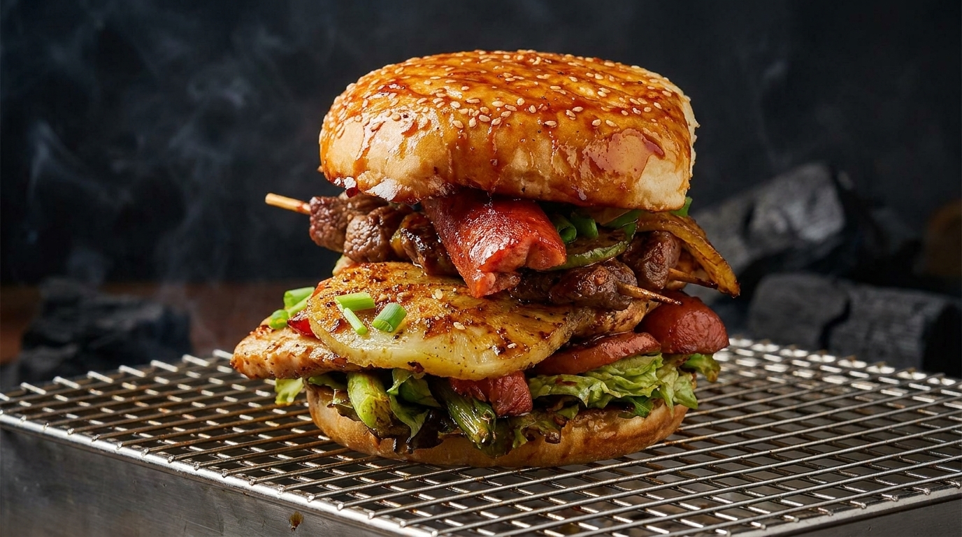 Imponujący Burger BBQ Tower z Grillowanymi Szaszłykami