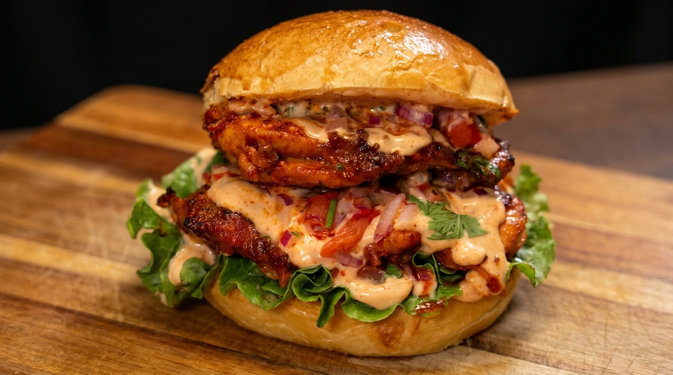 Pikantny meksykański burger z grillowanym kurczakiem i świeżą salsą pomidorową