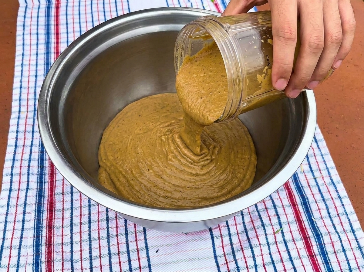 Ręce wylewające gęste puree warzywne z blendera do stalowej miski z sosem winnym.