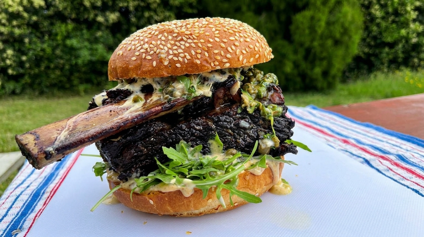 Burger z żebrem wołowym duszonym w czerwonym winie z relishem kaparowym
