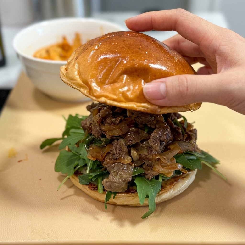 Dłoń nakładająca górną część bułki brioche na gotowy, wysoki burger z wołowiną i rukolą.