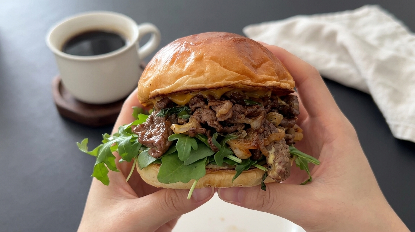 Wykwintny burger z wołowiną, serem i karmelizowaną cebulą