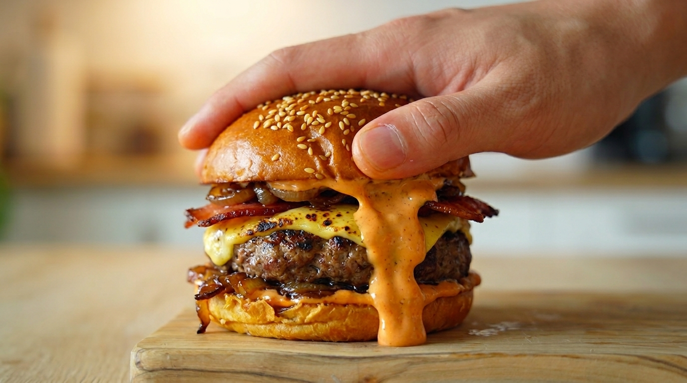 Wykwintny burger wołowy z bekonem i karmelizowaną cebulą