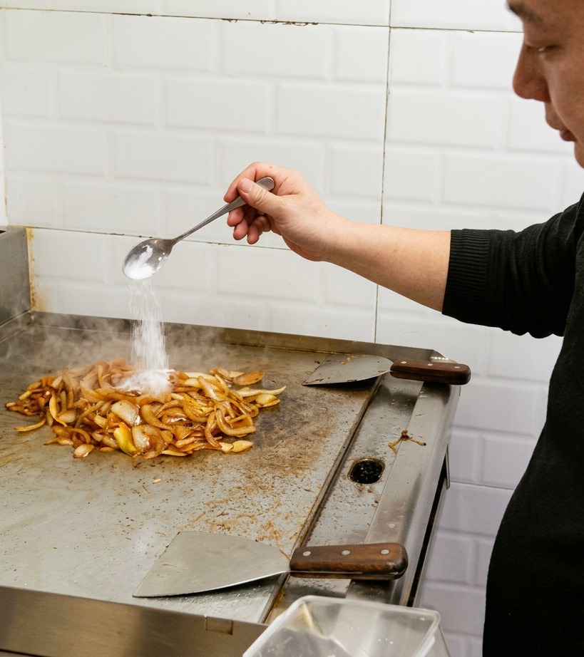 Biały cukier sypany z łyżki na stos głęboko skarmelizowanej, brązowej cebuli na grillu.