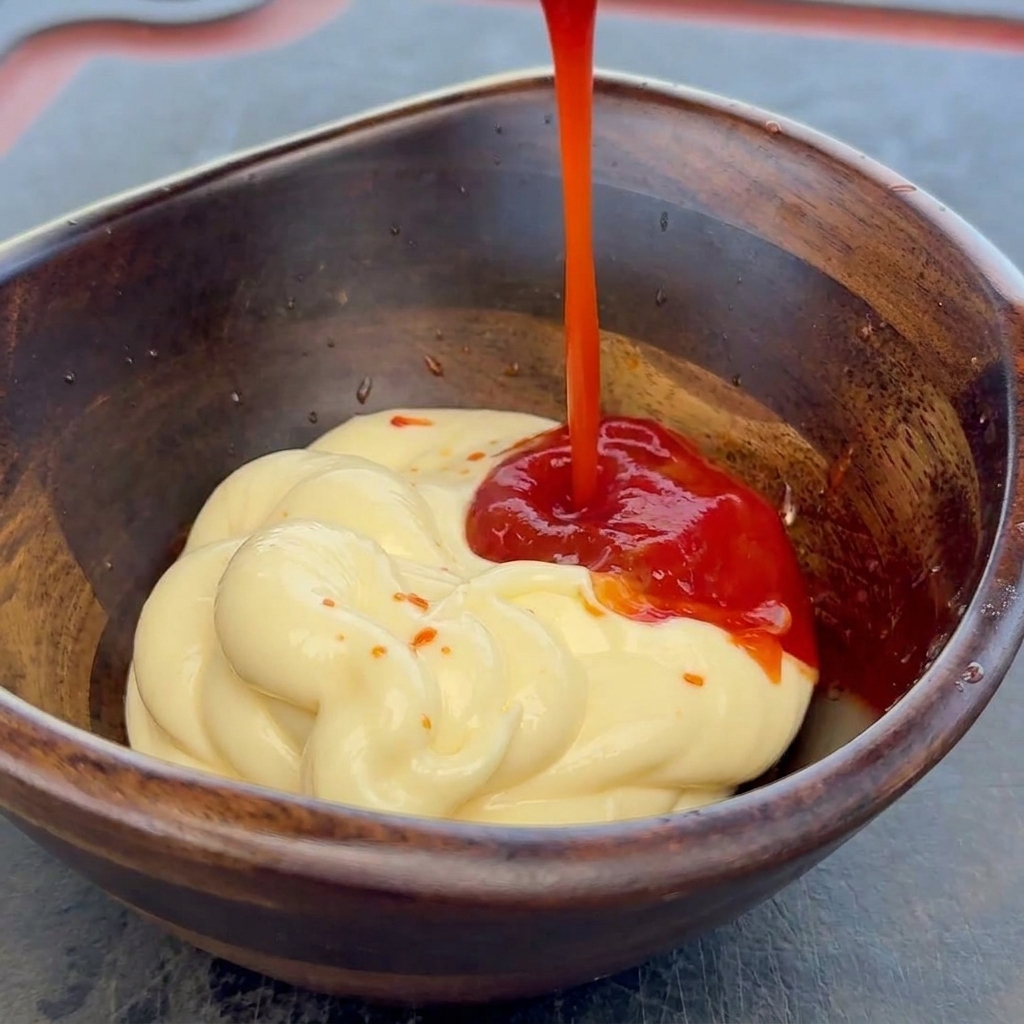 Czerwony ketchup wlewany do drewnianej miski z gęstym majonezem.