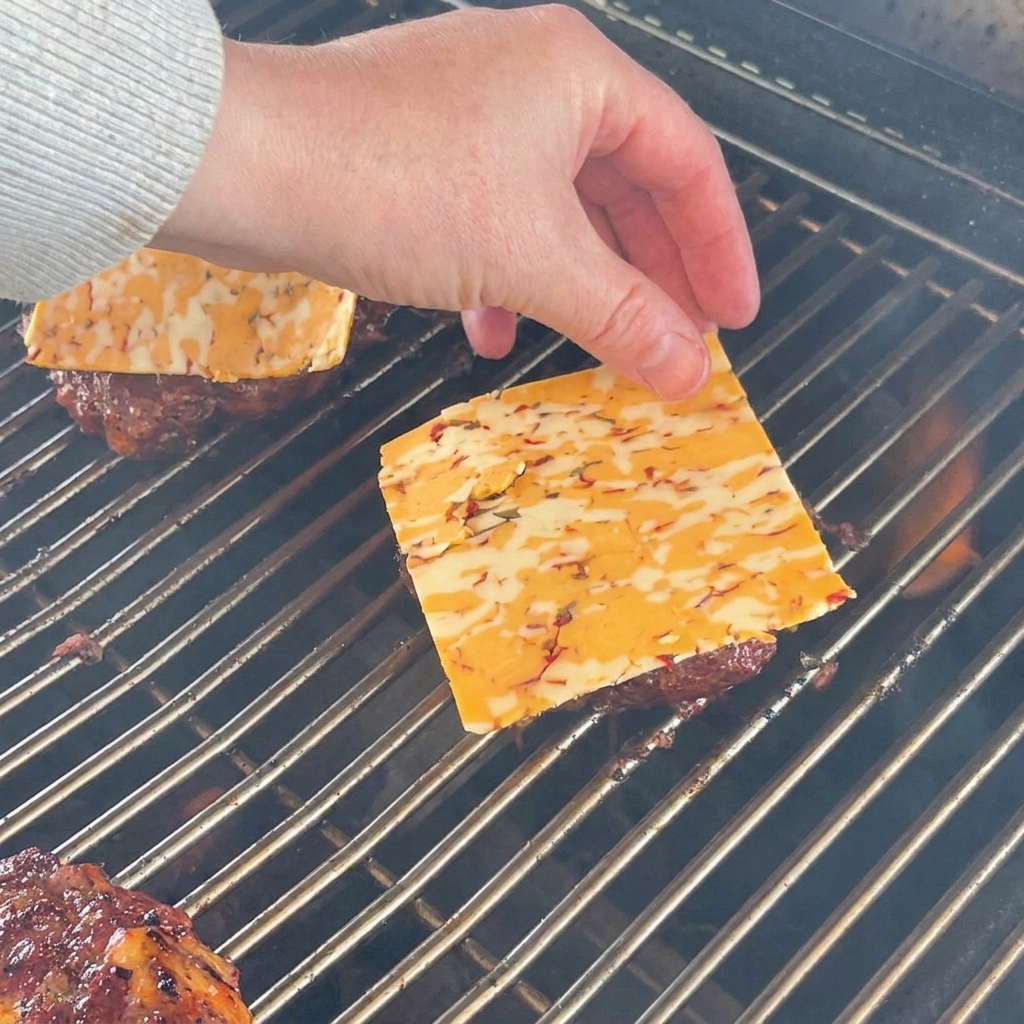 Goła dłoń ostrożnie układająca kwadratowy plaster marmurkowego, pomarańczowo-żółtego sera cheddar na zrumienionym kotlecie wołowym na grillu.