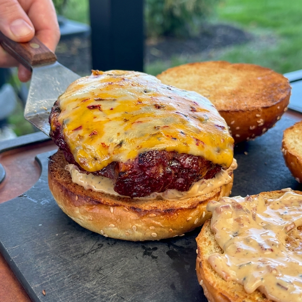 Metalowa szpatułka kładąca gruby, grillowany kotlet wołowy z roztopionym serem na przypieczonej bułce z sezamem pokrytej kremowym sosem.