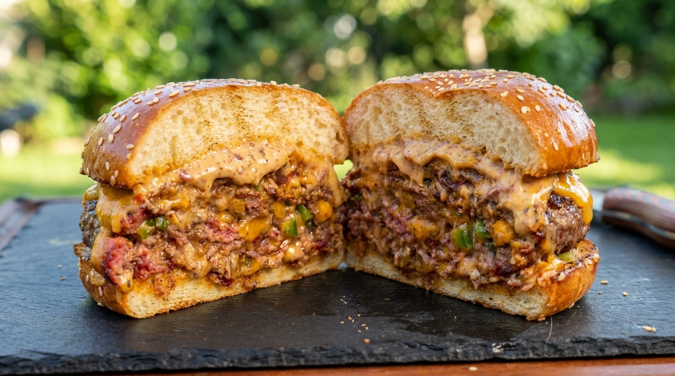 Meksykański wędzony burger wołowy z boczkiem i pikantnym sosem