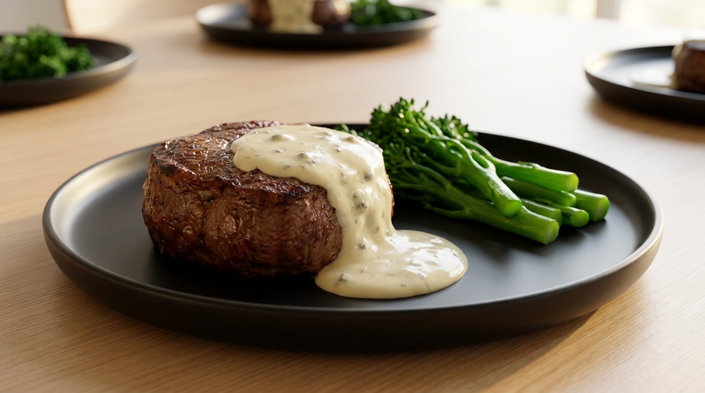 Perfekcyjnie wysmażony stek filet mignon polany gęstym sosem z sera pleśniowego, podany z brokułami gałązkowymi gotowanymi na parze.