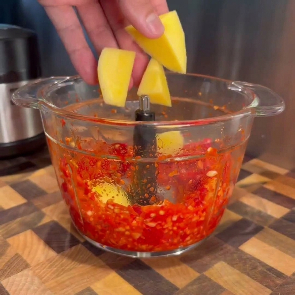 Kawałki świeżego, żółtego mango dodawane do robota kuchennego z intensywnie czerwoną pastą z chili.