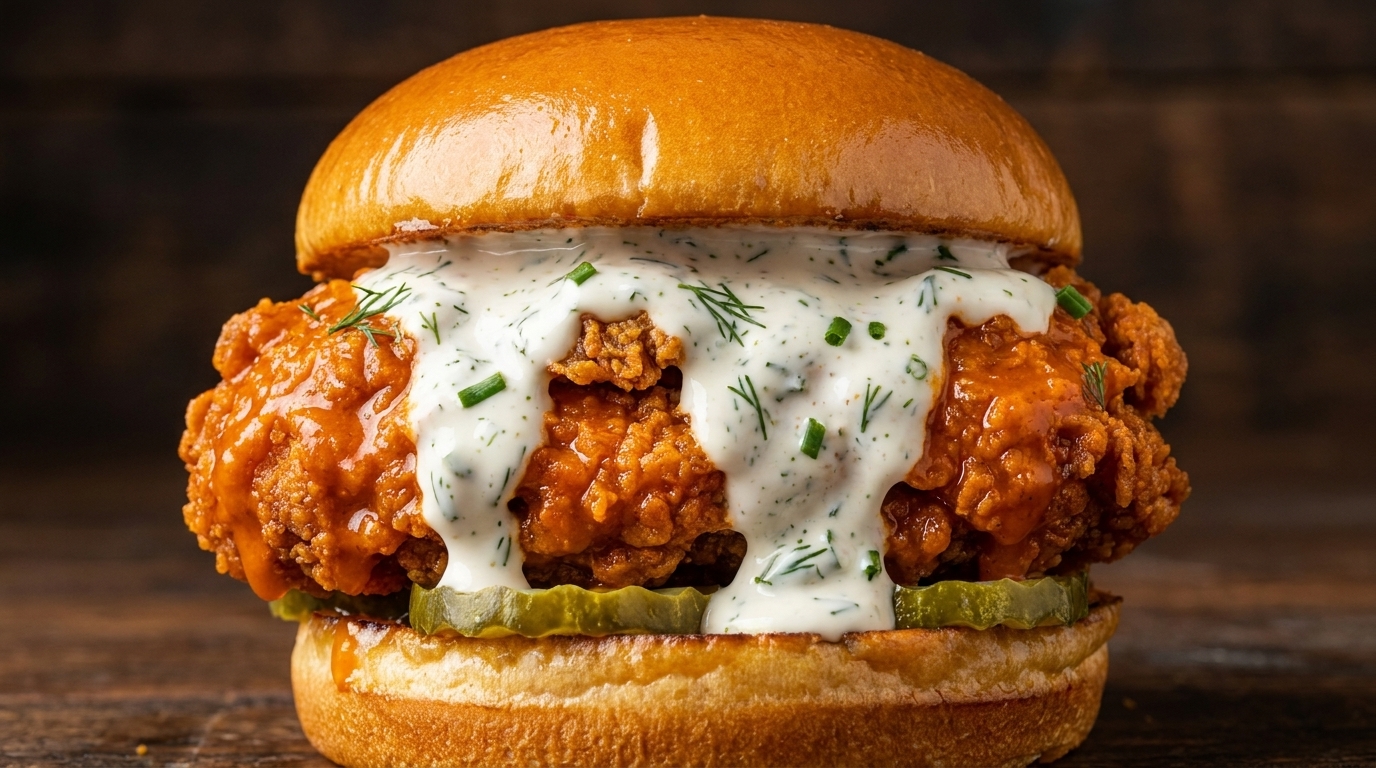 Chrupiący burger z kurczakiem Buffalo i domowym sosem mango-ranch