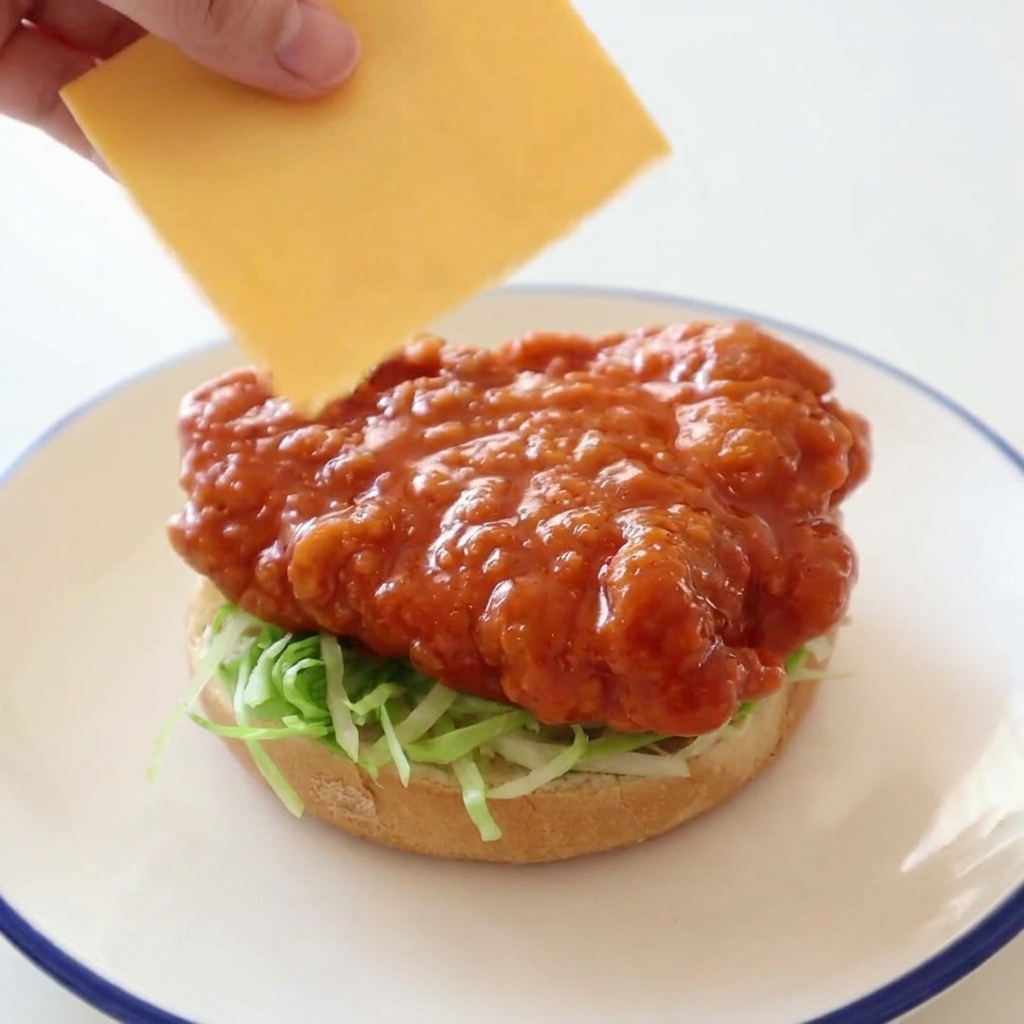 Dłoń kładąca kwadratowy plaster żółtego sera cheddar na gorącym filecie z kurczaka w sosie buffalo.