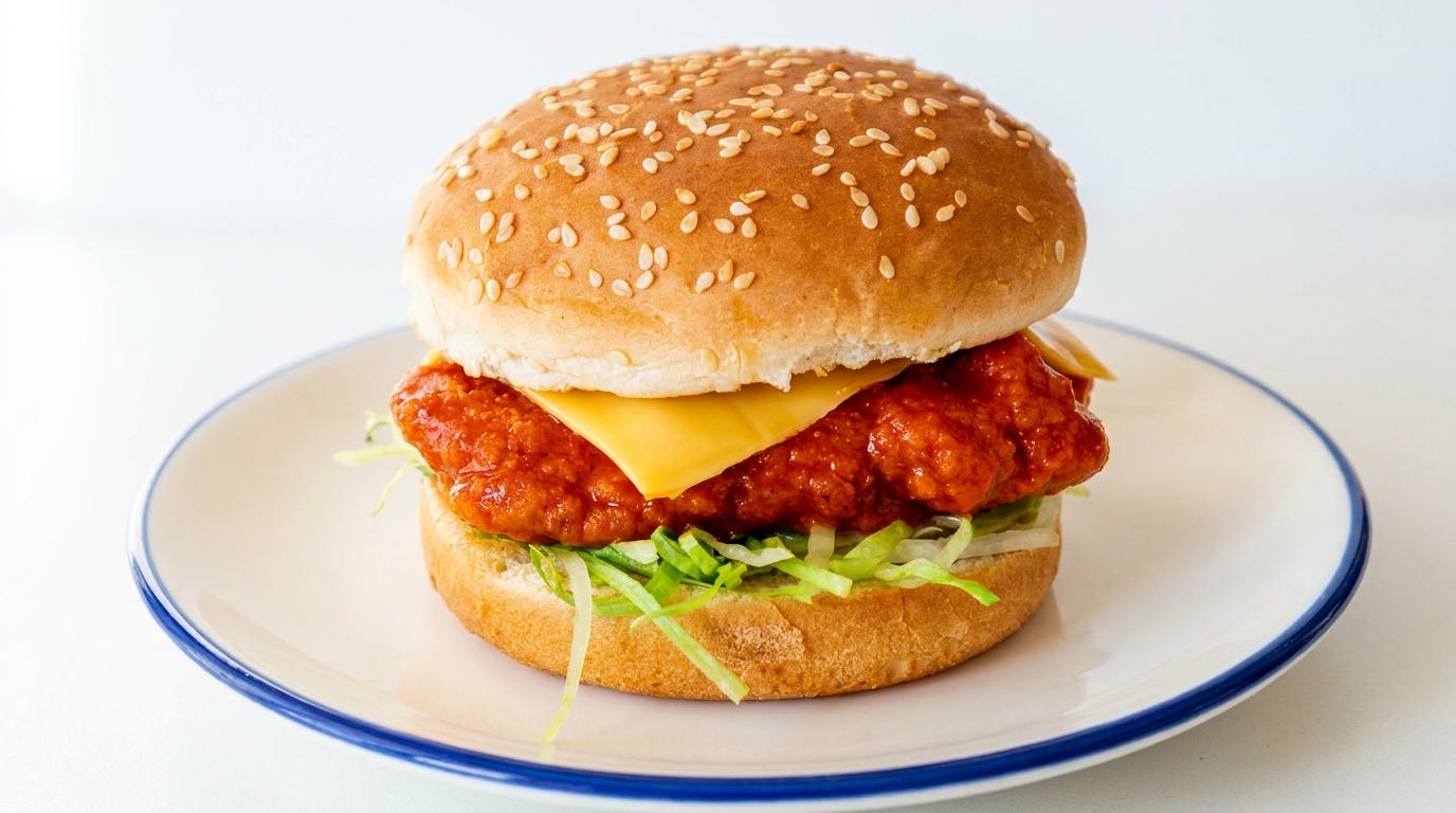 Chrupiący burger z kurczakiem w sosie Buffalo i cheddarem