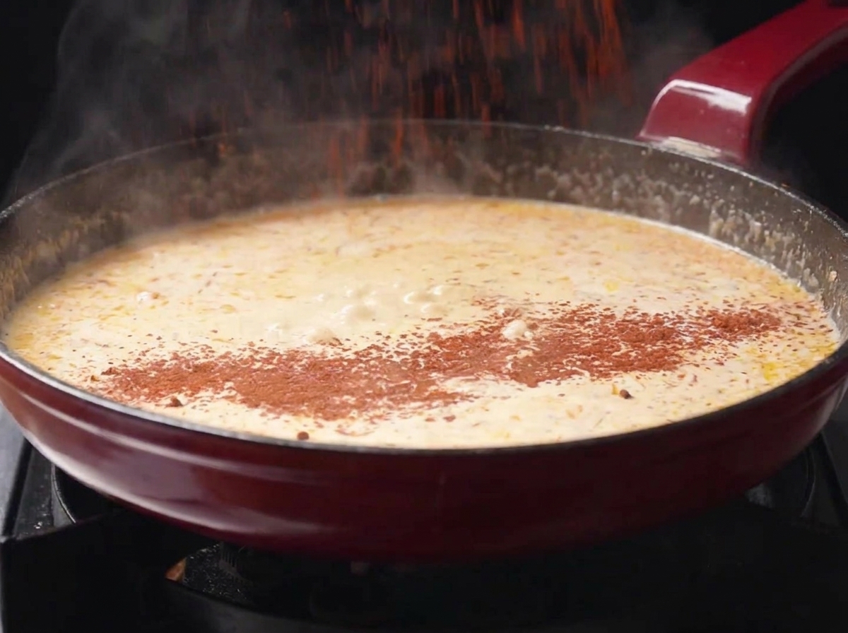 Chili w proszku posypywane do bulgoczącego śmietanowego sosu na czerwonej patelni.
