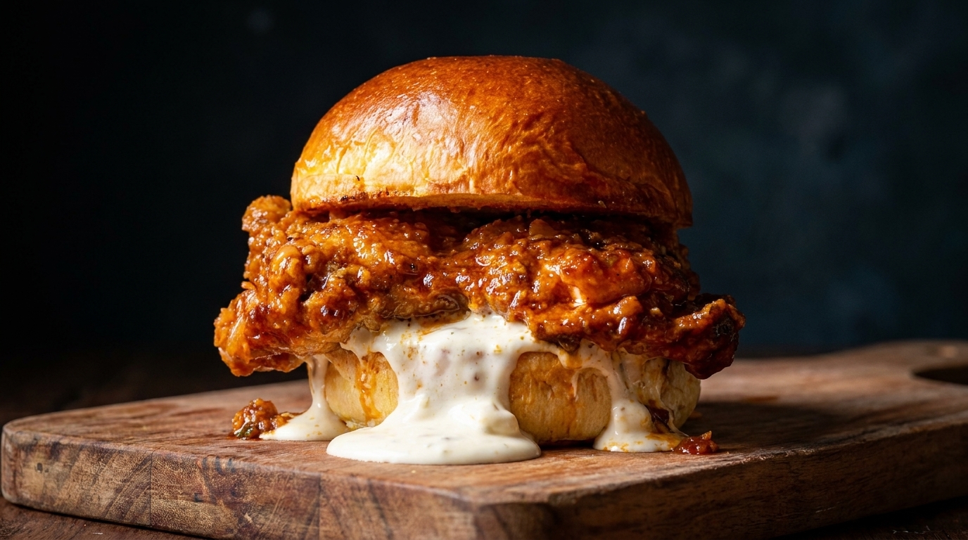 Dekadencki burger z kurczakiem Cajun z chrupiącym udkiem i bogatym śmietanowym sosem, spływającym z błyszczącej bułki brioche.