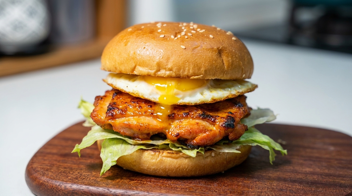 Burger z kurczakiem po orleańsku i jajkiem sadzonym