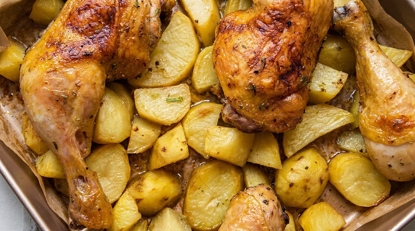 Pieczone ćwiartki z kurczaka z chrupiącymi ziemniakami