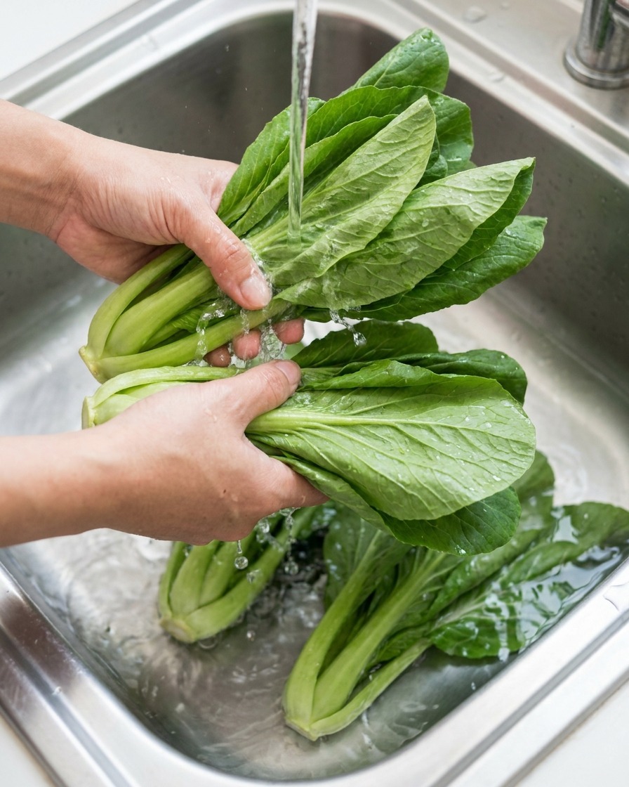 Dłonie myjące świeże zielone warzywa pak choi w metalowym zlewie pod strumieniem zimnej bieżącej wody.