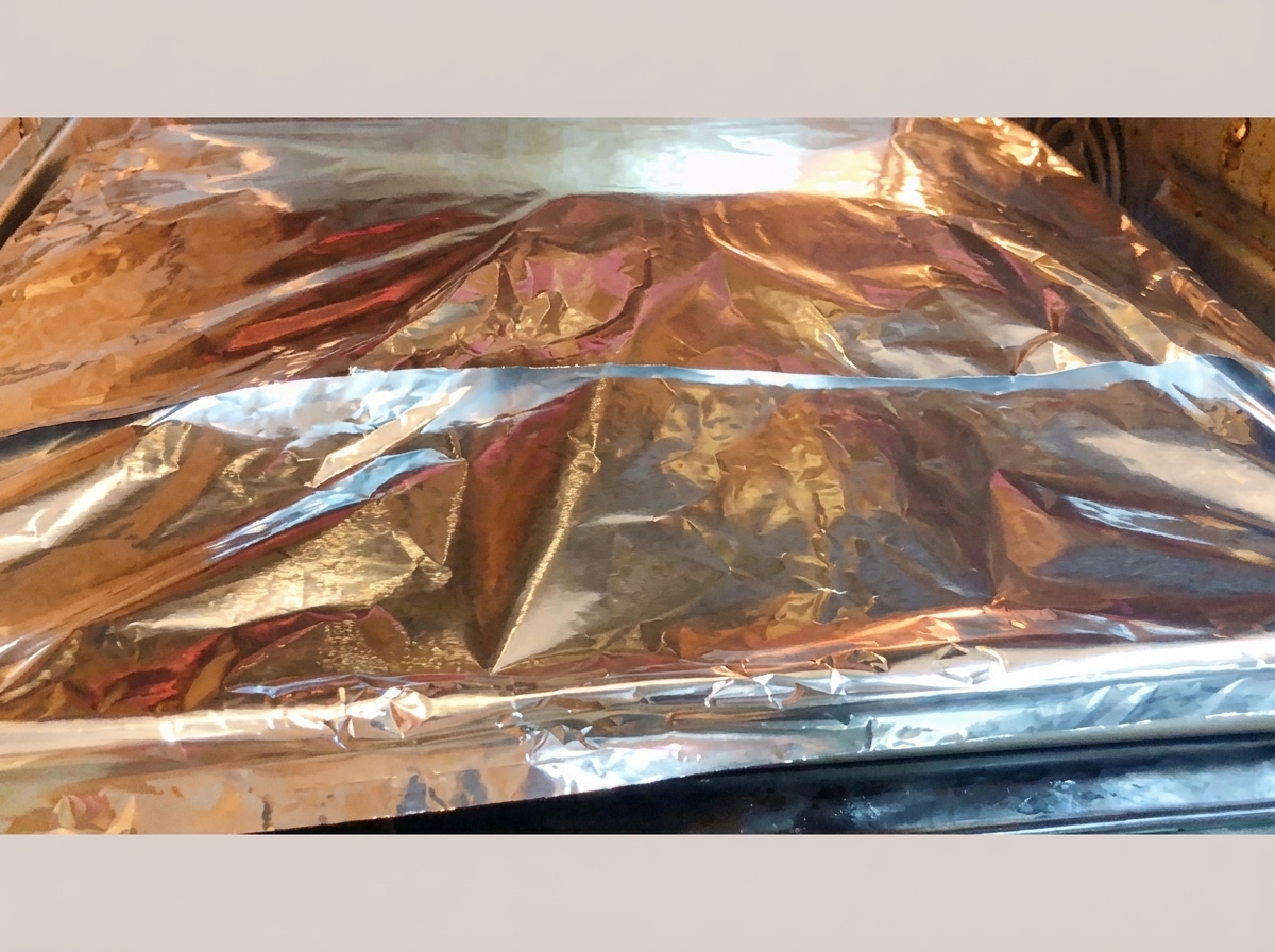 Forma do pieczenia szczelnie owinięta grubą folią aluminiową, stojąca na kratce wewnątrz rozświetlonego piekarnika.