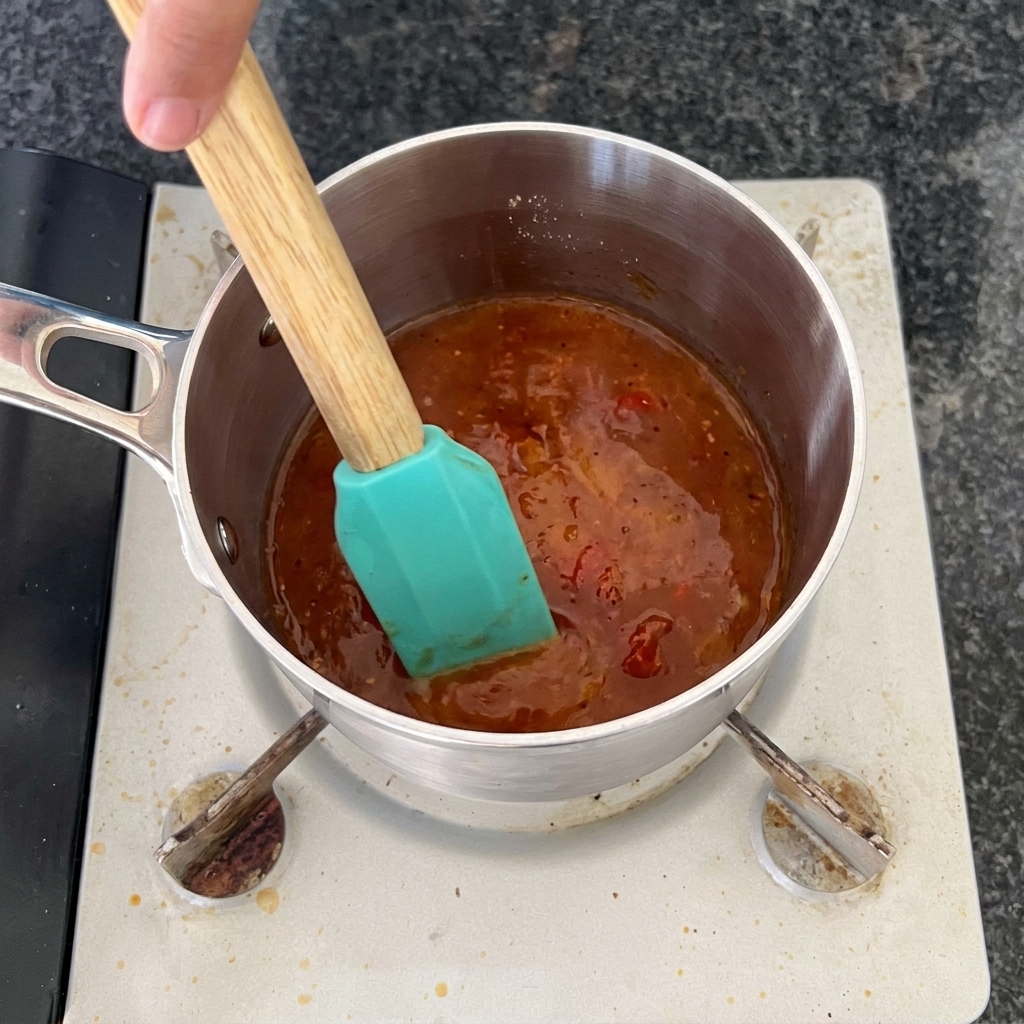 Dłoń mieszająca czerwonobrązowy, bulgoczący sos barbecue turkusową szpatułką w rondelku ze stali nierdzewnej.