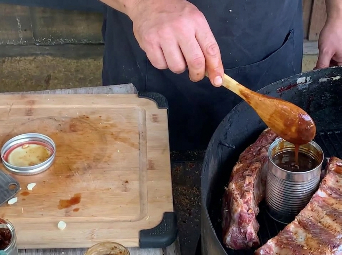 Osoba wlewająca ciemny sos borówkowy za pomocą drewnianej łyżki do aluminiowej puszki umieszczonej wewnątrz koszyczka z żeberka na grillu.