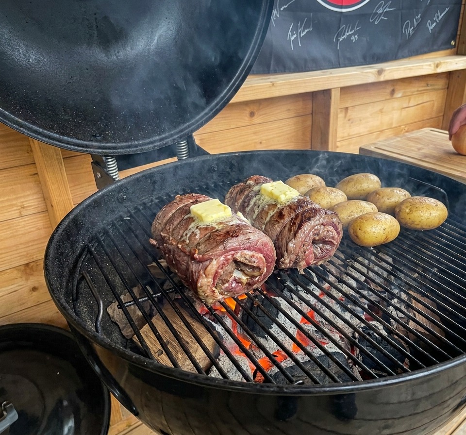 Dwa zwinięte koszyczki mięsne z roztapiającym się masłem na wierzchu, piekące się na grillu węglowym obok kilku całych ziemniaków.