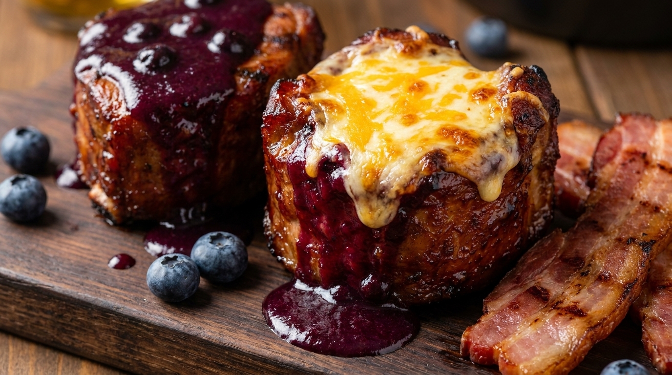 Dwa skarmelizowane koszyczki z żeberek wieprzowych BBQ polane lśniącym sosem borówkowym i posypane roztopionym serem, podane obok grillowanego boczku.