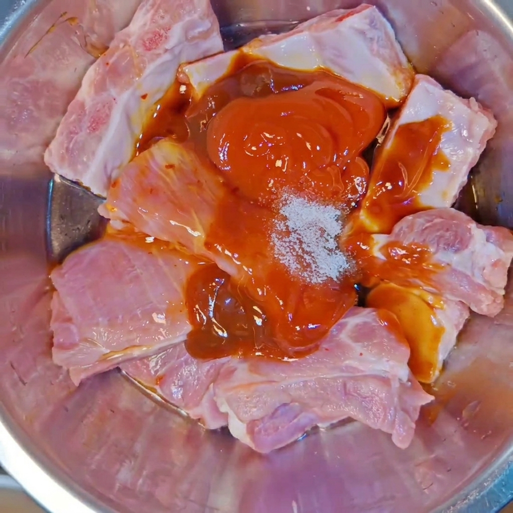 Surowe żeberka wieprzowe w metalowej misce, pokryte różnymi sosami, z widoczną porcją soli i pasty przyprawowej.