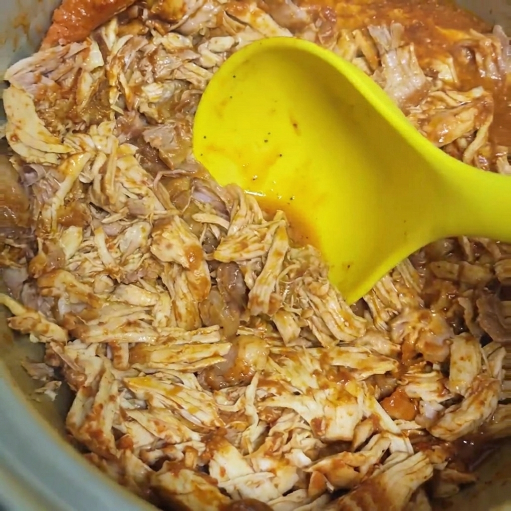 Szarpana wieprzowina mieszana z gęstym sosem BBQ w garnku za pomocą dużej żółtej łyżki.