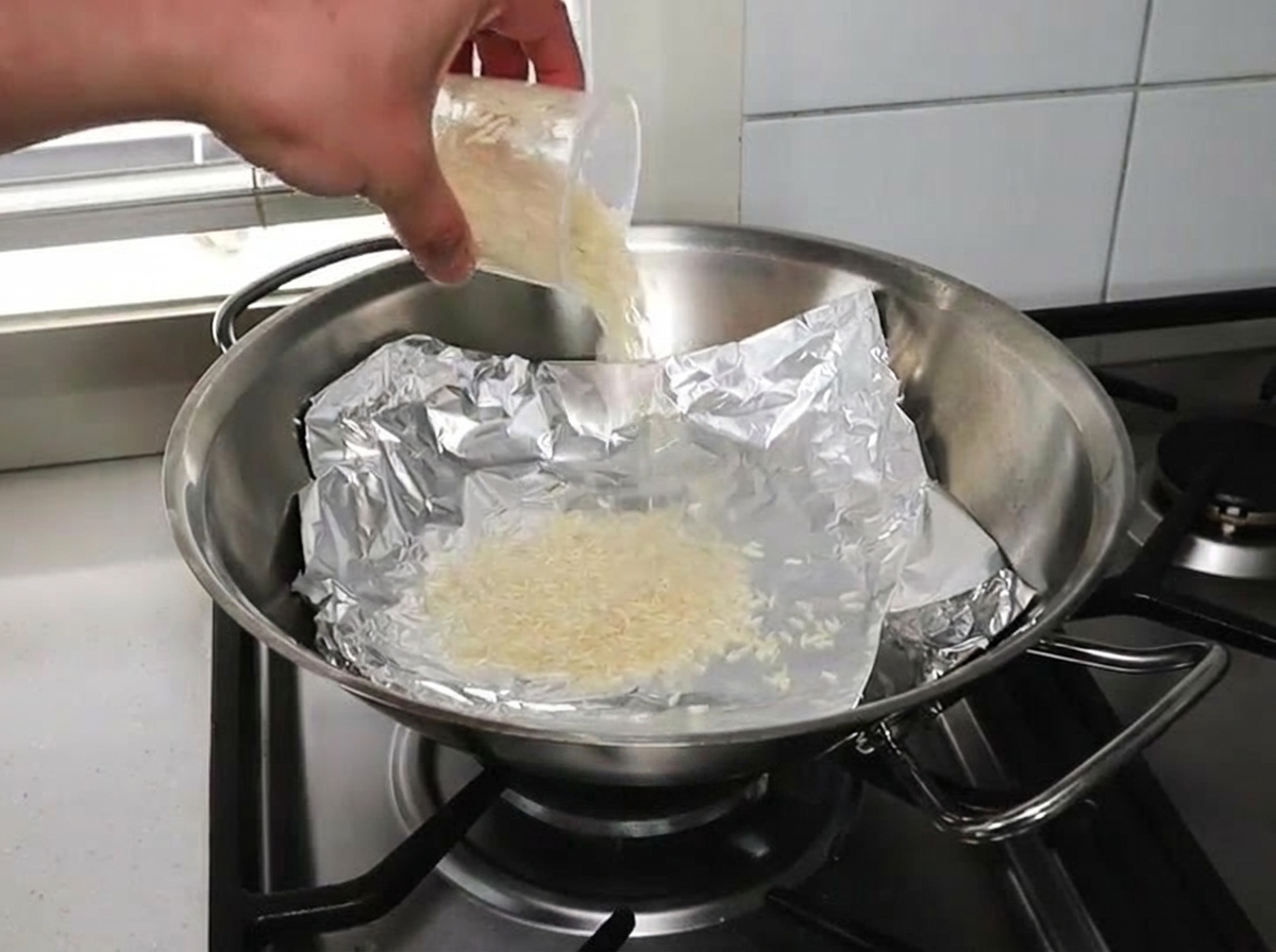 Dłoń wysypująca biały ryż z plastikowego kubeczka na folię aluminiową na dnie metalowego woka.