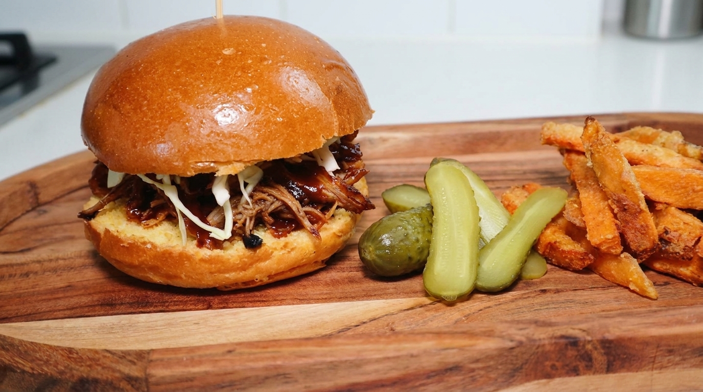 Soczysty burger z szarpaną wieprzowiną serwowany na rustykalnej, drewnianej desce w towarzystwie złocistych frytek z batatów i kawałków ogórka.
