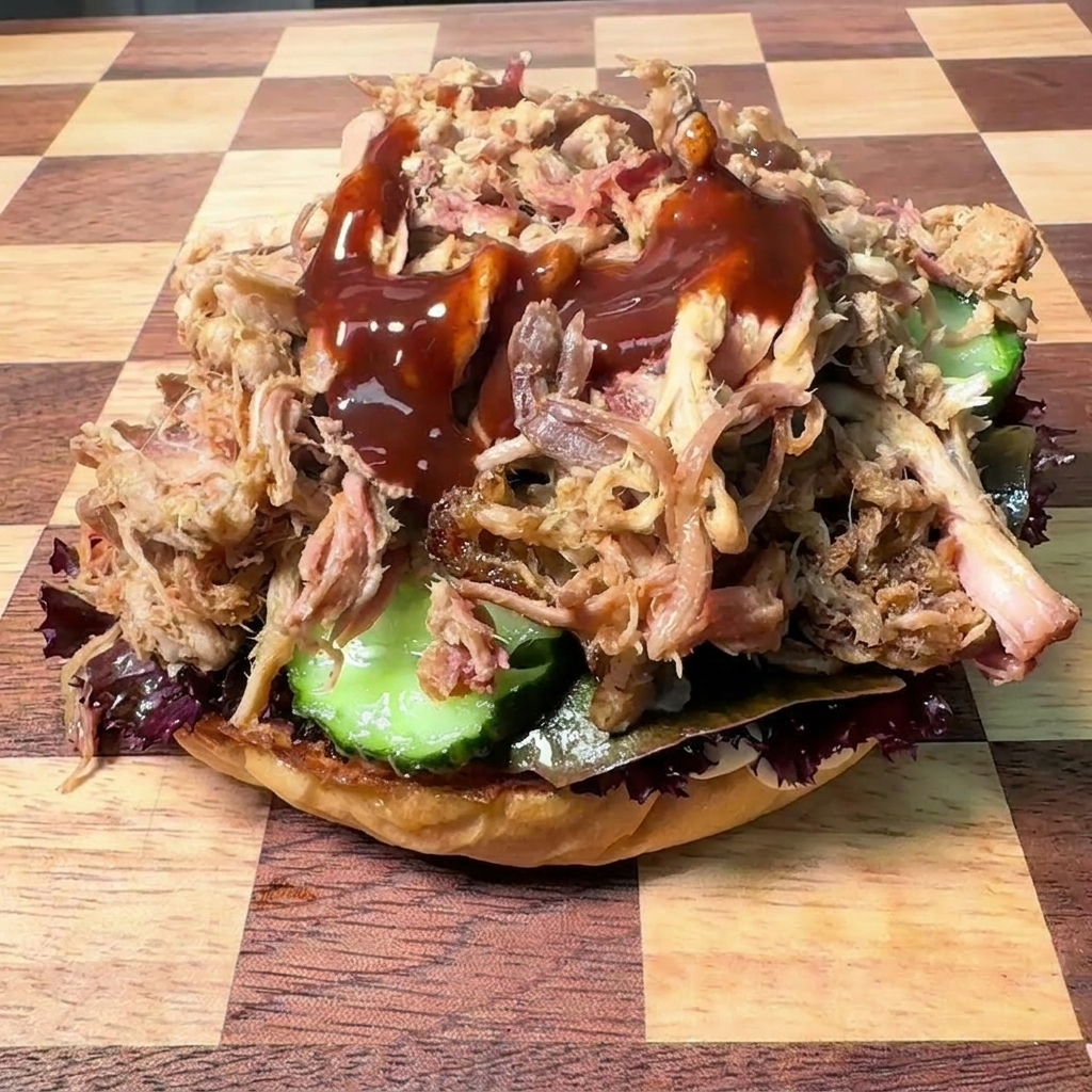 Ciemny, błyszczący sos barbecue wlewany na obfitą porcję szarpanej wieprzowiny w bułce burgerowej.