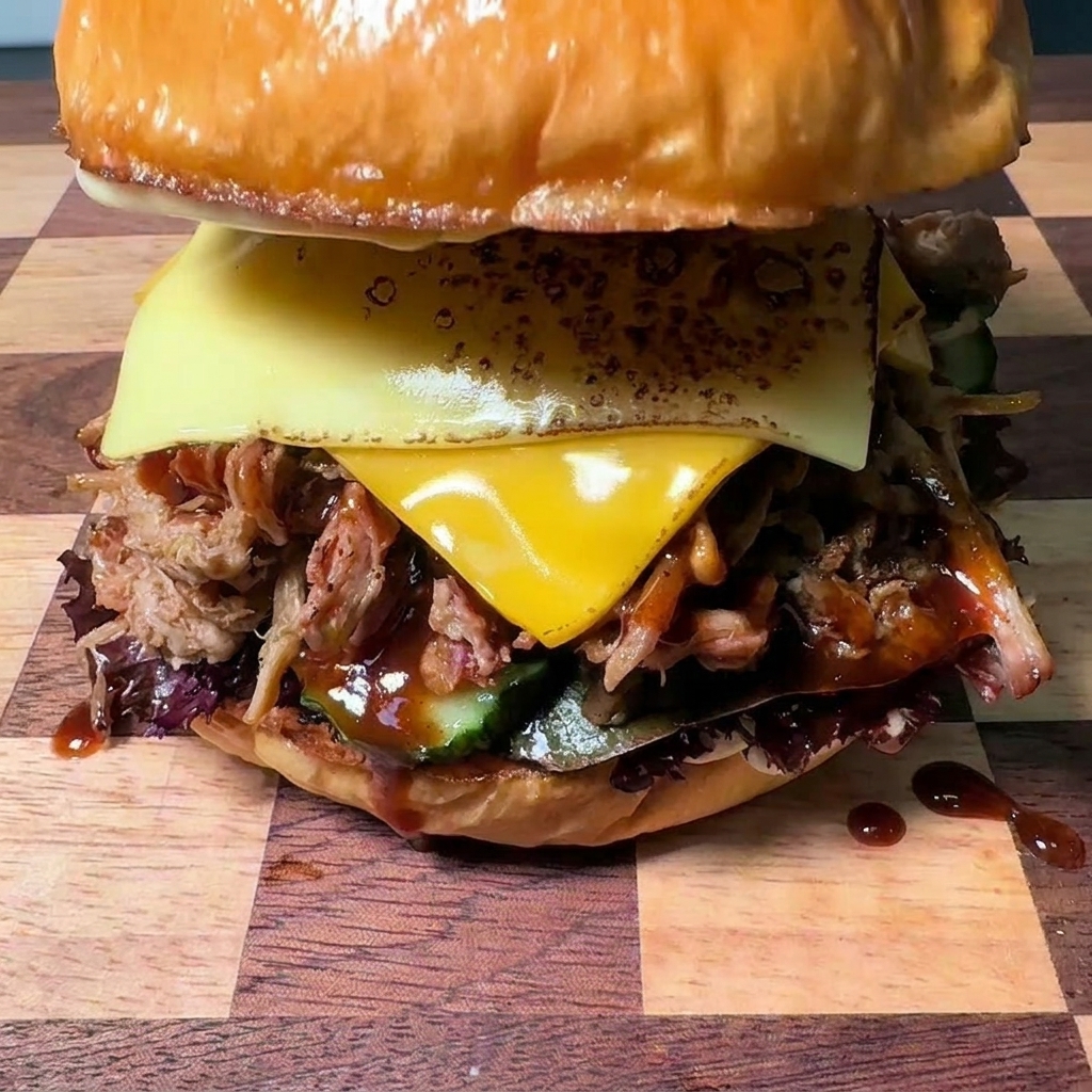 Zmontowany burger z szarpaną wieprzowiną przykrywany rumianą, błyszczącą górną bułką brioche.