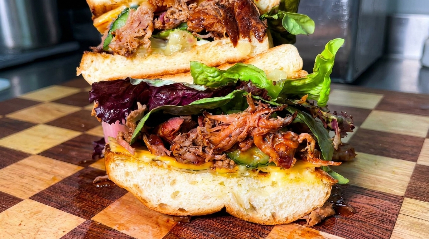 Wykwintny burger z wędzoną szarpaną wieprzowiną i ananasem