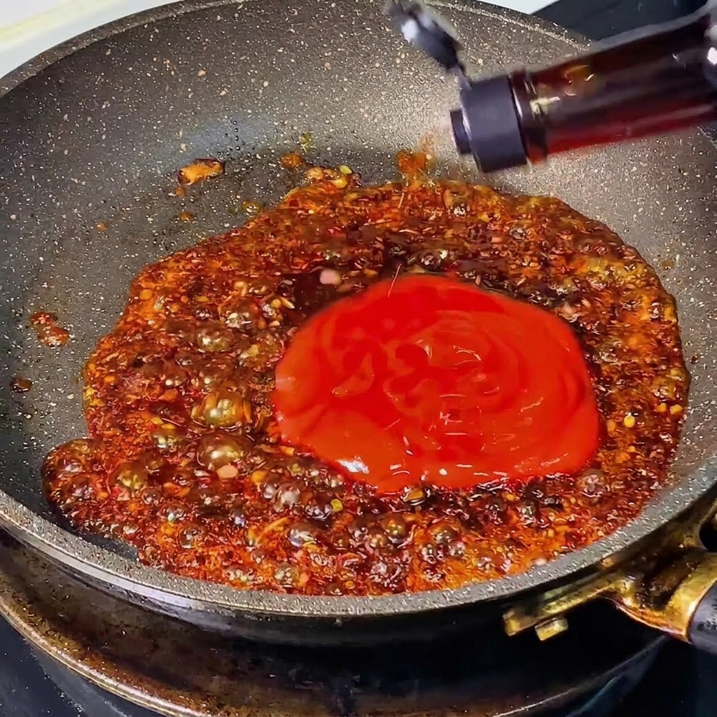 Gęsty czerwony ketchup oraz ciemne sosy dodawane do podsmażonej, karmelizującej się cebuli na patelni.