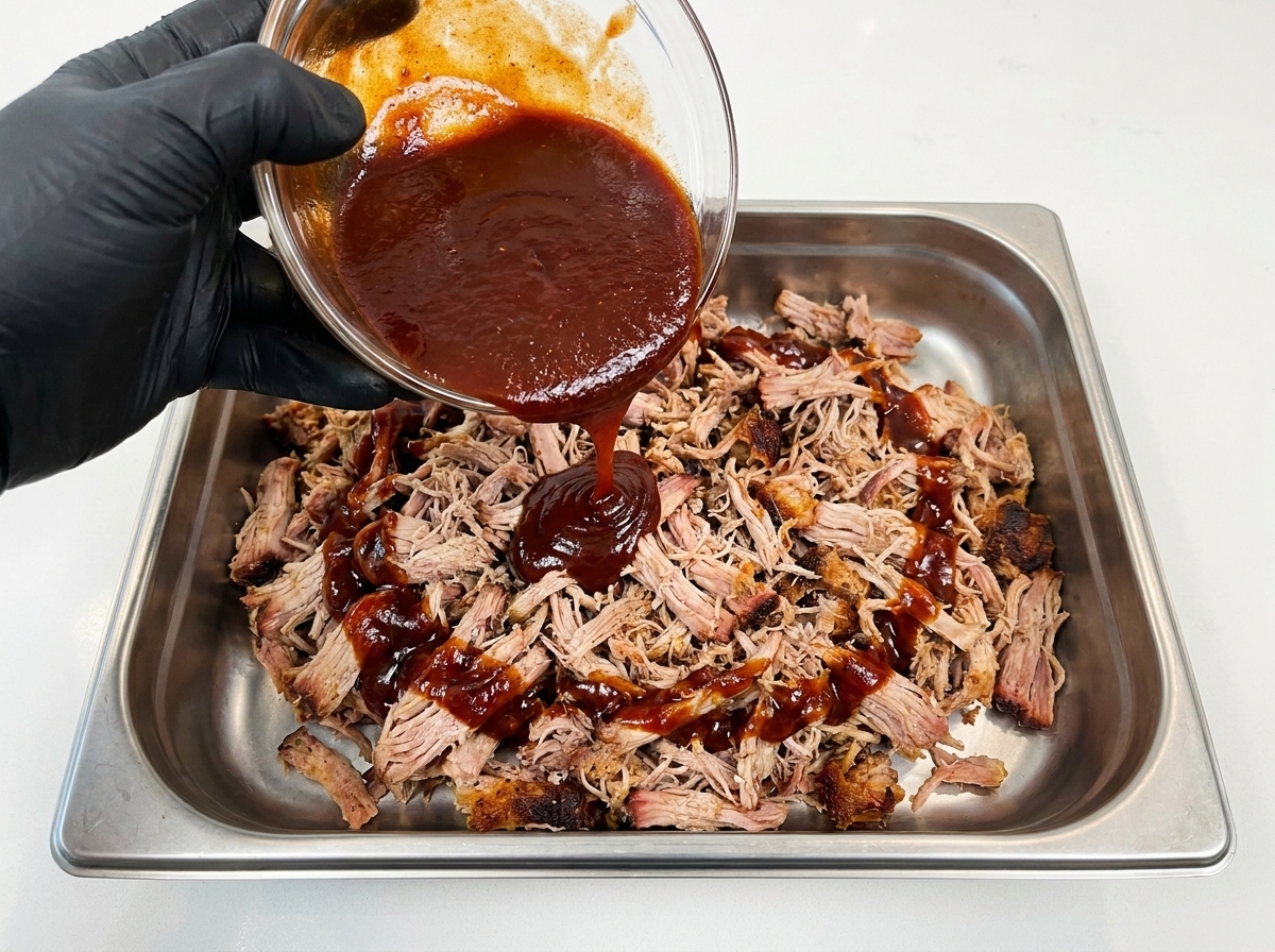 Dłoń w czarnej rękawiczce wylewająca gęsty, ciemny sos BBQ ze szklanej miski na porcję szarpanej wieprzowiny na metalowej tacy.