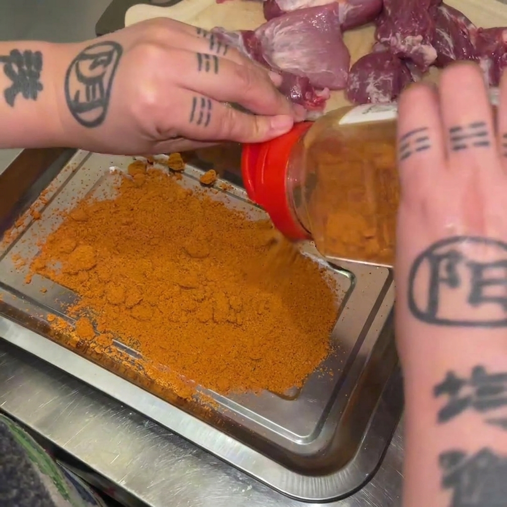 Wsypywanie żywo pomarańczowej przyprawy Cajun z pojemnika na płaską metalową tacę.