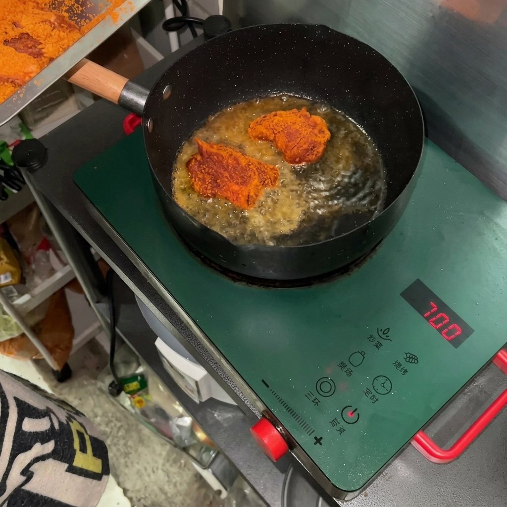 Kawałki wieprzowiny w przyprawach Cajun smażące się w gorącym, bulgoczącym oleju na patelni na kuchence indukcyjnej.